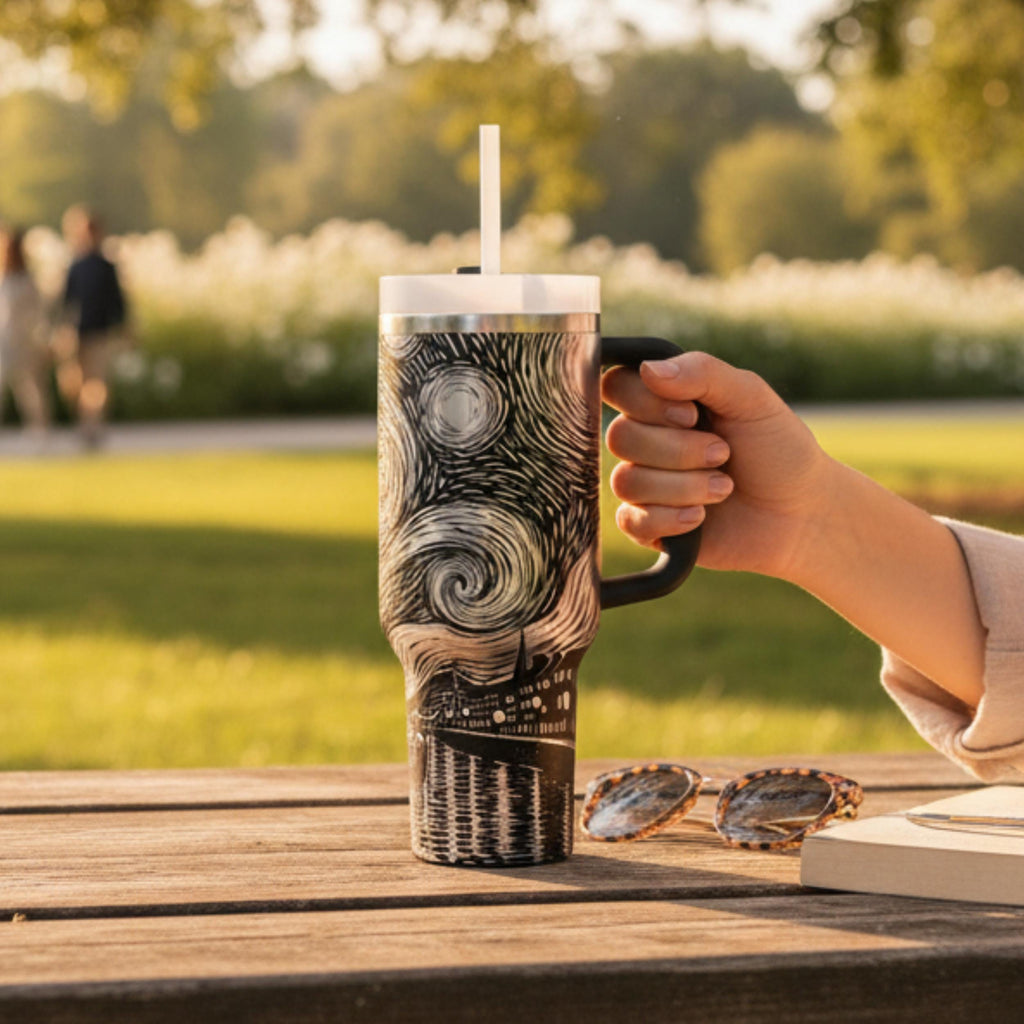 Cat Lover Gift Tumbler Unique Starry Night Design 40oz Insulated Travel Mug Stainless Steel Construction Artistic Celestial Patterns Navy Blue White Theme Perfect For Cat Enthusiasts Art Collectors Coffee Tea Drinkers Daily Commuter