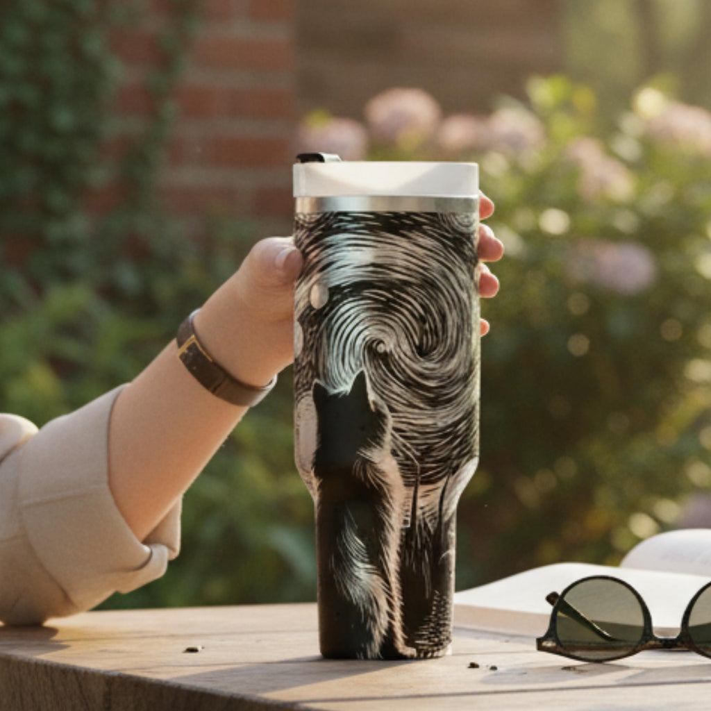Premium Stainless Steel Tumbler 40oz Vacuum Insulated Design Double Wall Construction Artistic Cat Starry Night Pattern Navy Blue White Celestial Theme Perfect Gift For Art Lovers Cat Enthusiasts Coffee Drinkers Travel Mug Daily Commuter