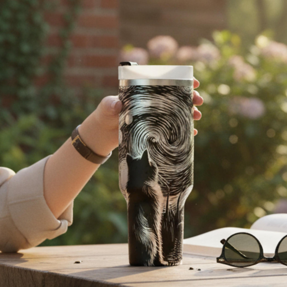 Premium Stainless Steel Tumbler 40oz Vacuum Insulated Design Double Wall Construction Artistic Cat Starry Night Pattern Navy Blue White Celestial Theme Perfect Gift For Art Lovers Cat Enthusiasts Coffee Drinkers Travel Mug Daily Commuter