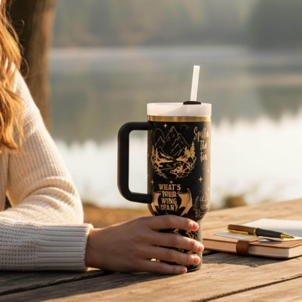 Travel Mug 40oz Insulated Tumbler Fantasy Book Reader Gift Double Wall Stainless Steel Construction Literary Themed Drinkware Character Inspired Design Keeps Drinks Hot Cold Hours Perfect Booktok Merchandise Book Lover Present White Artwork
