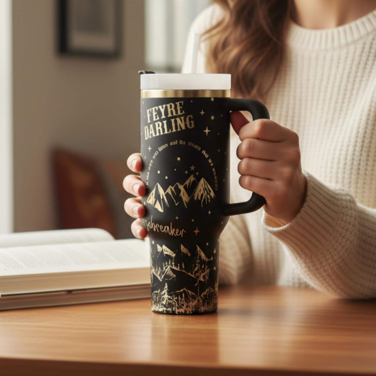 Insulated Stainless Steel Tumbler 40 Ounce Large Capacity Travel Mug Fantasy Book Design Night Court Velaris Inspired Laser Engraved Artwork With Handle Straw Perfect Reading Companion Gift For Book Lovers Temperature Control Drinkware