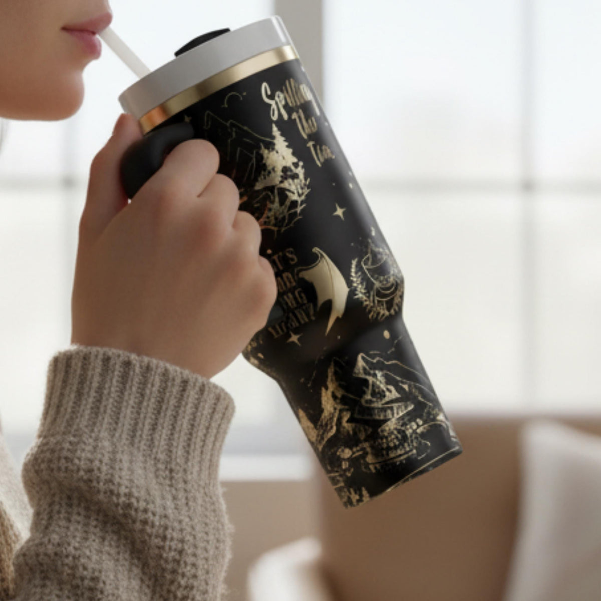 Book Lover Gift Tumbler Fantasy Inspired Drinkware 40 Ounce Insulated Stainless Steel Travel Mug Night Court Design Velaris Laser Engraved Artwork Large Capacity Beverage Container With Handle Straw Reading Companion Essential Fan