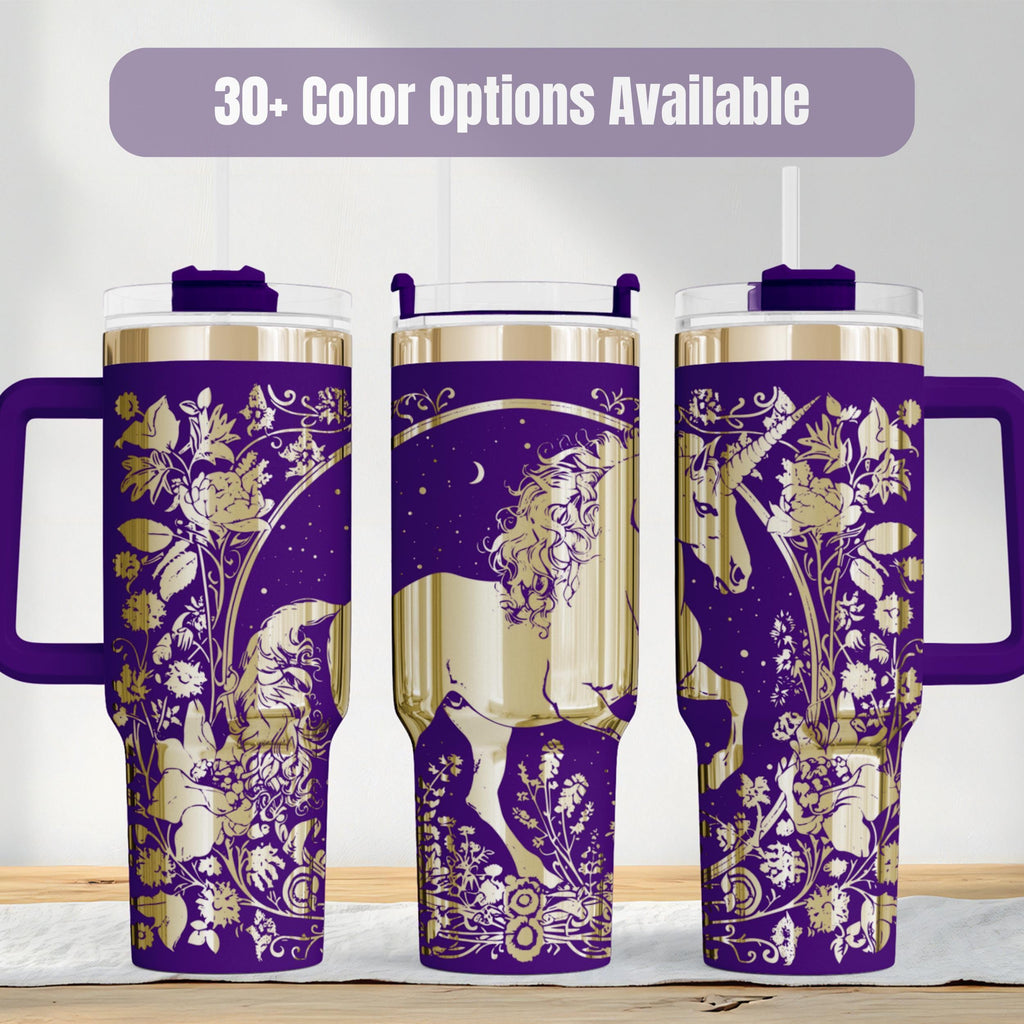 Laser Engraved Unicorn Tumbler Fantasy Design Insulated Cup 40 Oz Capacity Double Wall Construction Keeps Beverages Hot Cold Hours Perfect Birthday Gift Whimsical Drinkware Collection Fade Resistant Permanent Artwork Daily Hydration