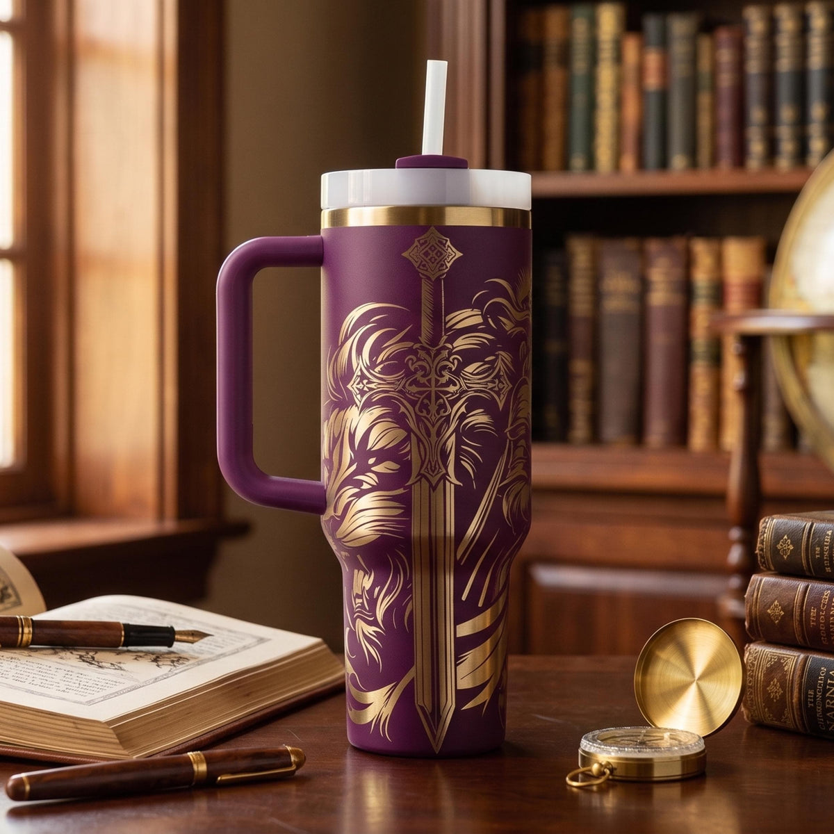 Biblical Warrior Tumbler Christian Knight Design Insulated Stainless Steel Bottle Large Capacity Faith Based Drinkware Ephesians Scripture Reference Cross Imagery Details Church Ministry Gift Daily Inspiration Container Premium Quality