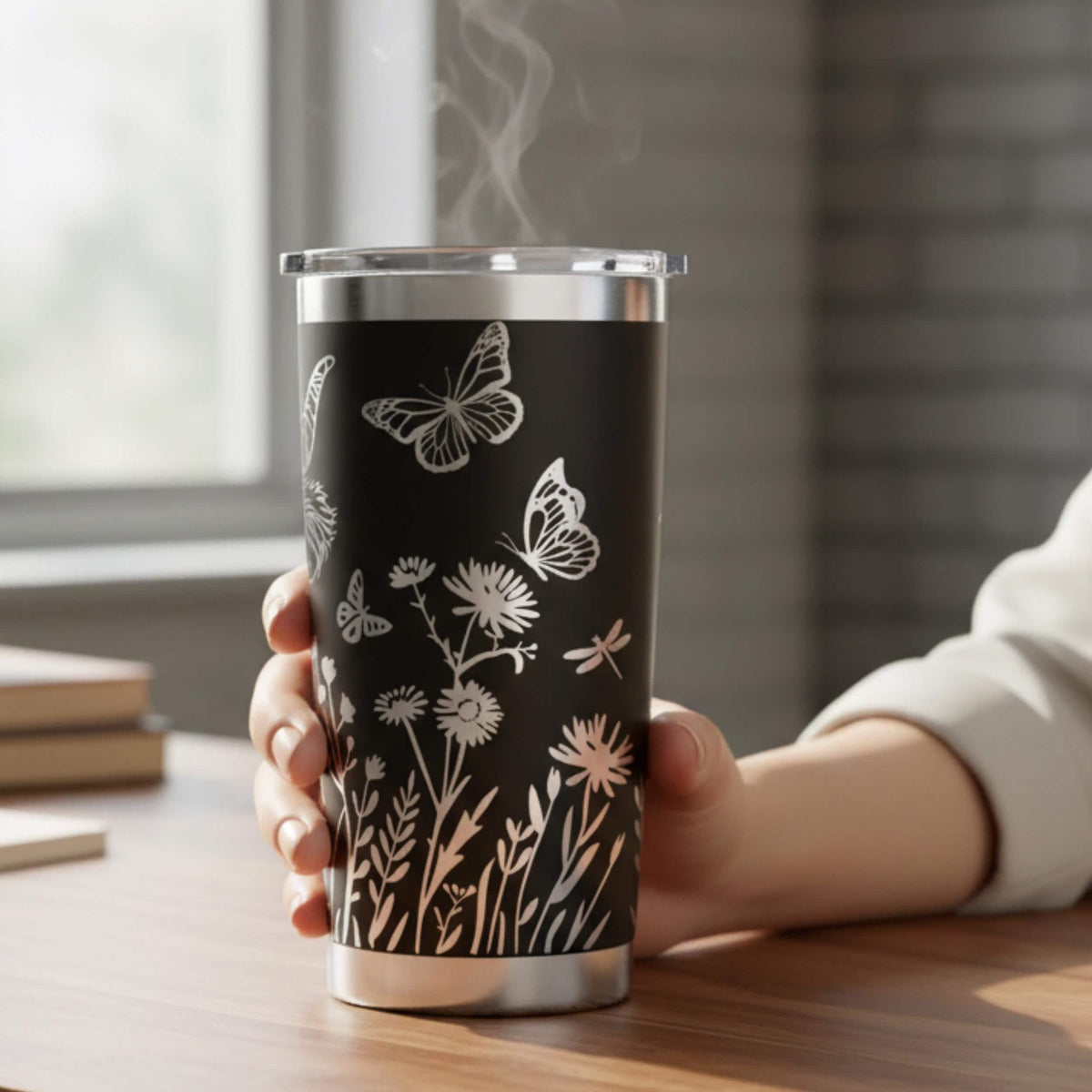 Travel Cup Highland Cow Design 20oz Insulated Tumbler Daily Hydration Drinkware Hot Cold Beverage Container Coffee Tea Lover Gift Butterfly Wildflower Pattern Stainless Steel Construction Farmhouse Kitchen Style Holographic Finish With Lid