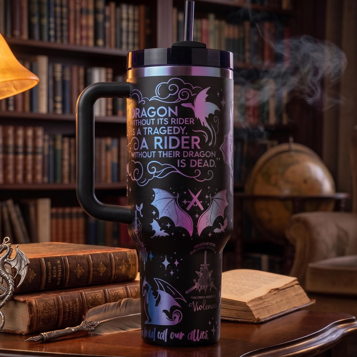 Mythical Creature Tumbler Dragon Fantasy Art Design Insulated Stainless Steel Travel Drinkware Gothic Style Collection Holographic Rainbow Shimmer Wrap Onyx Storm Theme Perfect Gift Book Lover Present Premium Quality Construction Daily