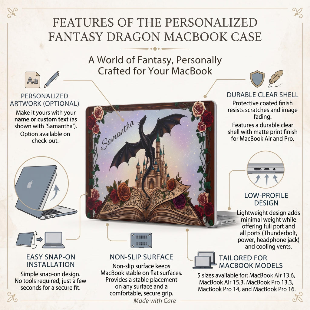 Dragon Fantasy Design Clear MacBook Case Personalized Name Custom Laptop Cover Gothic Illustration Bat Silhouette Castle Artwork Transparent Shell Computer Protector Enchanted Book Pattern Fantasy Aesthetic Writer Gift Creative Professional