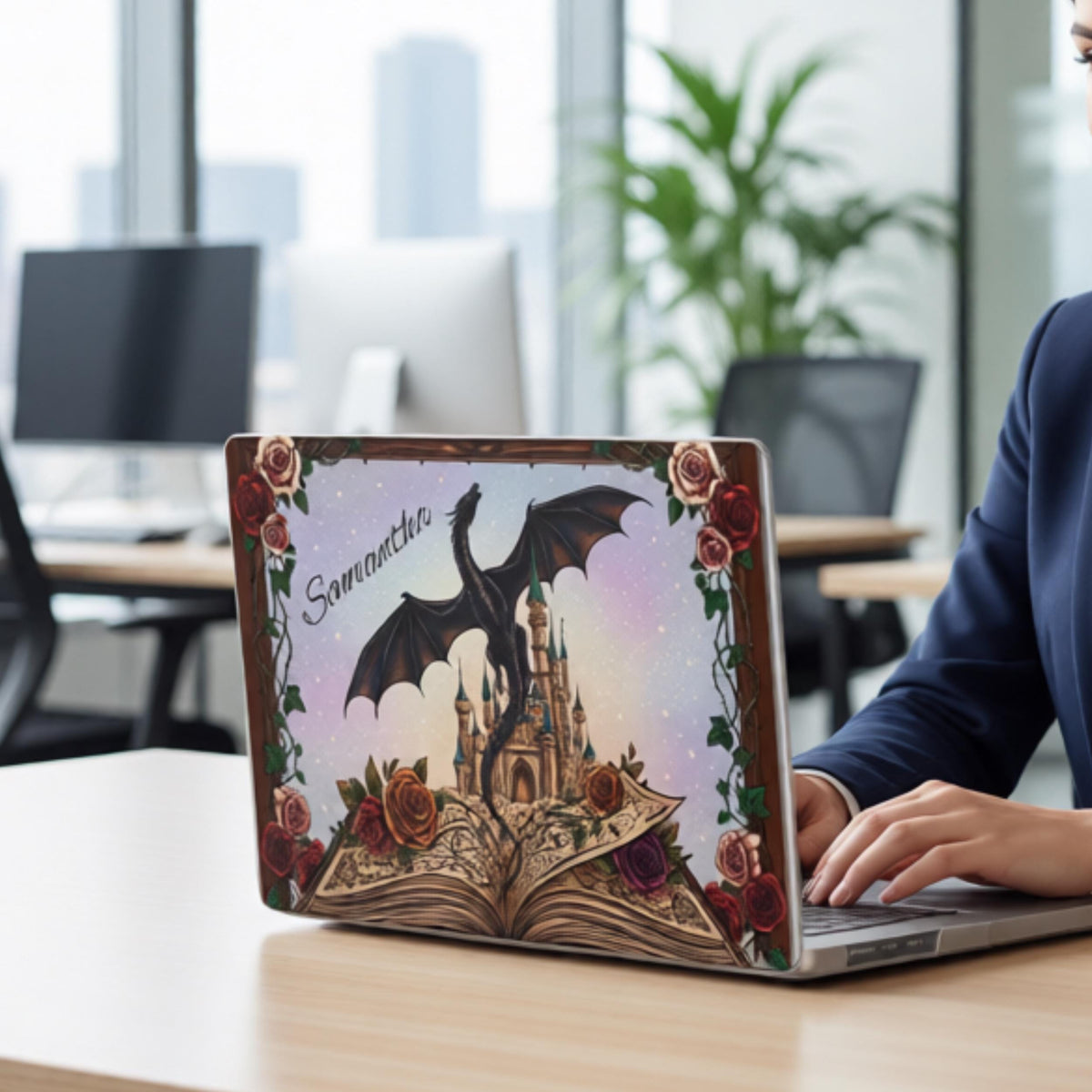 Personalized MacBook Cover Custom Name Dragon Design Clear Laptop Case Gothic Fantasy Protection Transparent Shell Castle Rose Theme Medieval Illustration Writer Gift Student Tech Accessory Creative Professional Device Fairy Tale Artwork