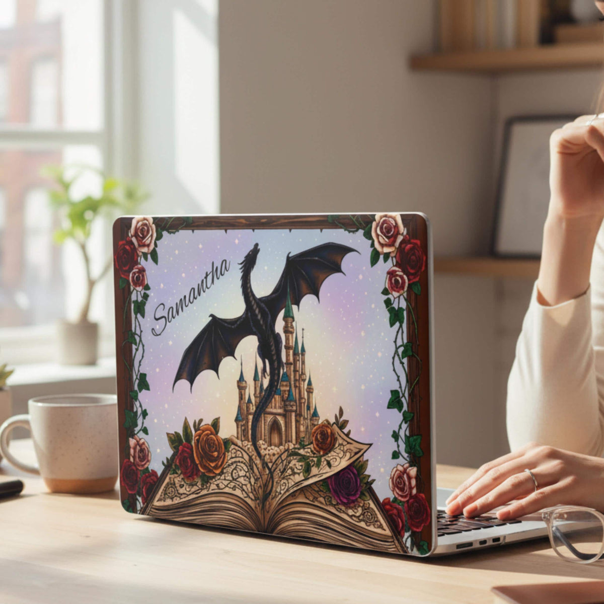 Gothic Fantasy Case Clear MacBook Cover Dragon Design Custom Name Personalized Laptop Protection Medieval Castle Rose Elements Transparent Shell Computer Accessory Writer Gift Creative Professional Tech Student Fantasy Theme Fairy Tale