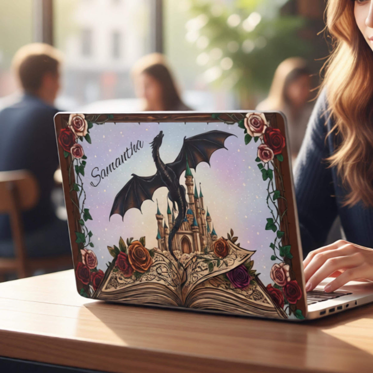 Dragon Castle MacBook Case Gothic Fantasy Laptop Protection Matte Finish Cover Personalized Name Design Rose Border Artwork Spellbook Theme Book Lover Accessories Enchanted Dragon Silhouette Mystical Castle Scene Literary Laptop Case Writer