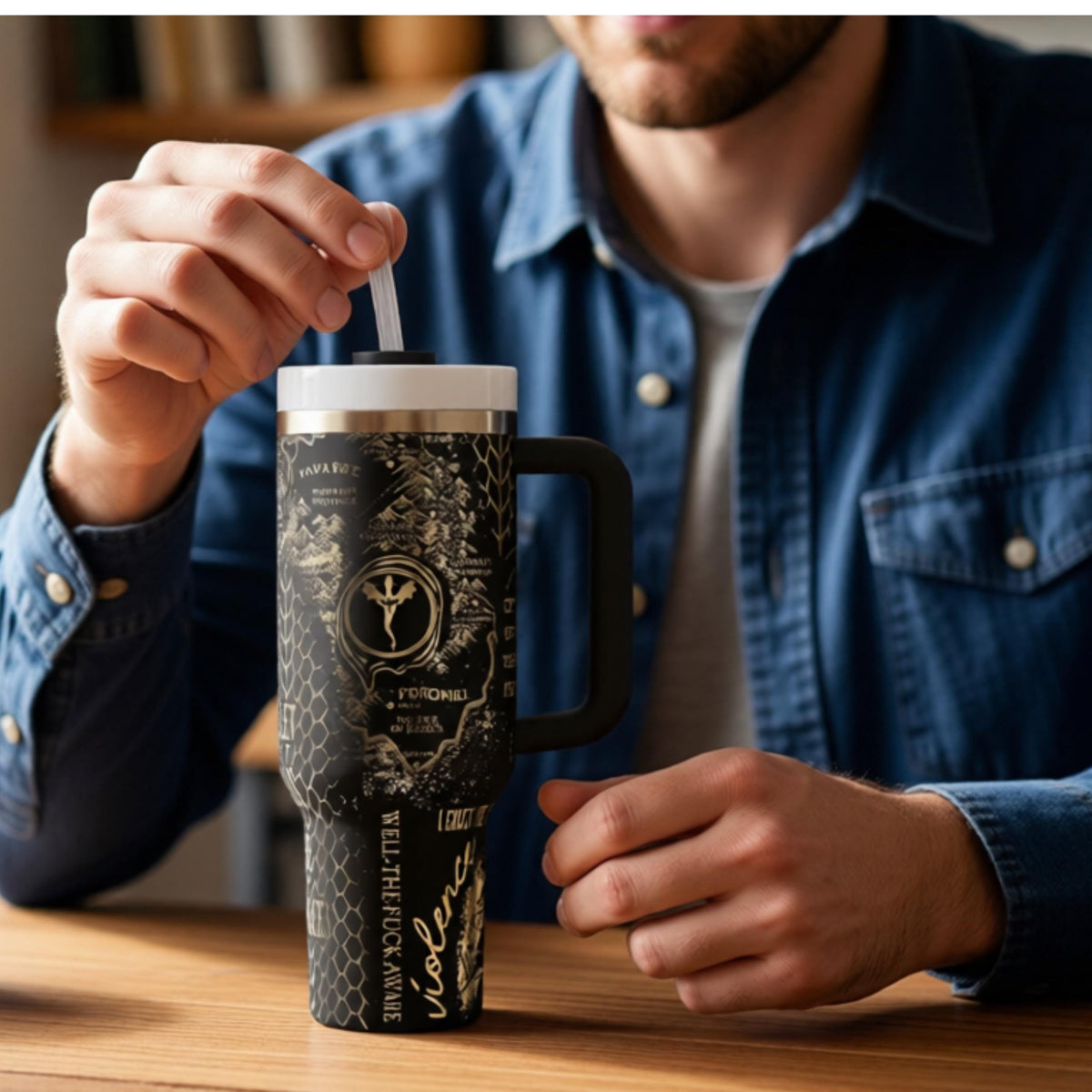Stainless Steel Insulated Flask 40oz Large Capacity Tumbler With Handle Black Powder Coated Finish Daily Beverage Container Double Wall Temperature Control Lightning Design Travel Mug Perfect For Commuters Book Reader Gift Portable Bottle