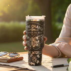 Insulated Stainless Steel Tumbler 40oz Butterfly Design Motivational Quote Cup Be The Change Inspirational Message Perfect Teacher Gift Counselor Appreciation Present Rose Pattern Artwork Double Wall Construction Hot Cold Drink Container