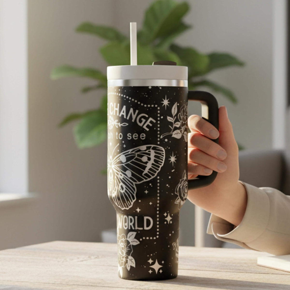 Stainless Steel Butterfly Tumbler 40oz Insulated Cup Inspirational Design Motivational Drinkware Perfect Gift Rose Pattern Butterfly Artwork Be The Change Quote Message Teacher Counselor Appreciation Present Double Wall Construction Durable