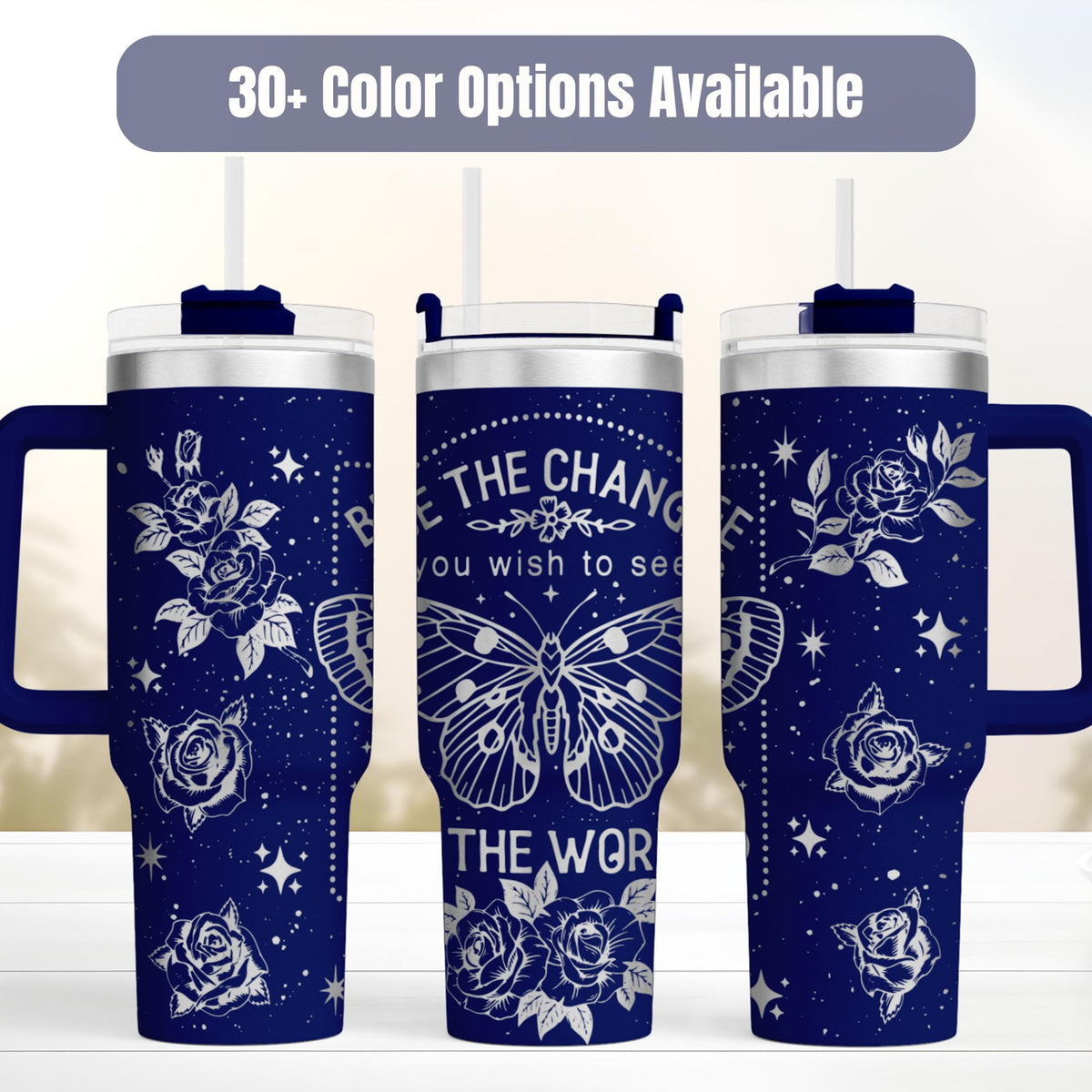Butterfly Tumbler Inspirational Design Stainless Steel Insulated Cup 40oz Capacity Perfect Gift For Women Teacher Appreciation Present Counselor Gift Idea Motivational Quote Be The Change Message Rose Pattern Butterfly Artwork Double Wall