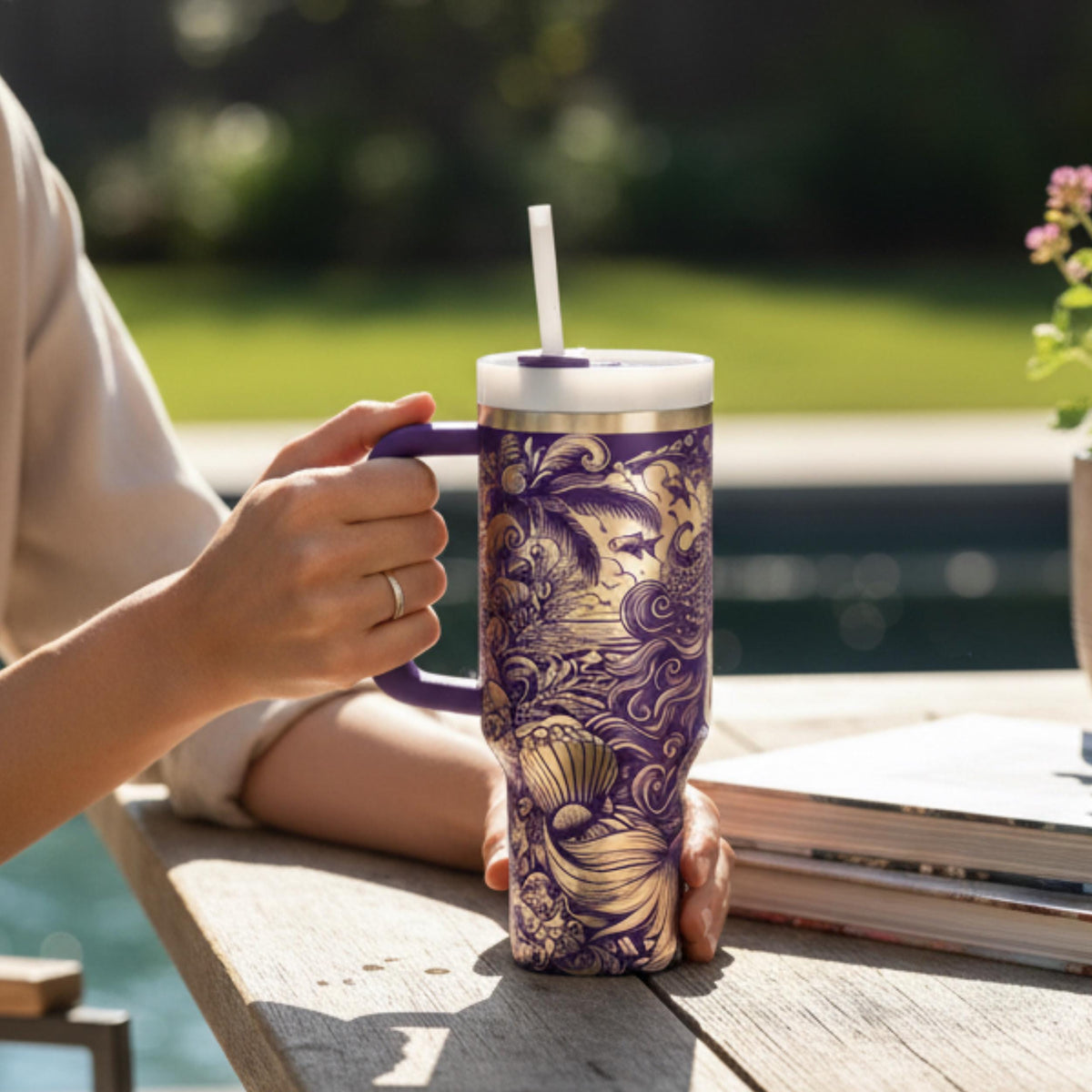 Insulated Tumbler With Handle 40 Oz Stainless Steel Gothic Mermaid Design Ocean Wave Art Pattern Double Walled Construction Keeps Drinks Cold Hot Perfect Beach Travel Companion Straw Cup Included Seashell Fantasy Theme Beautiful Nautical
