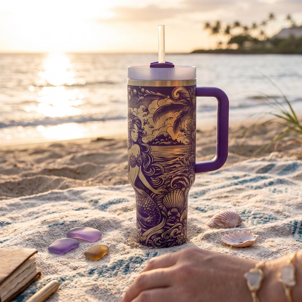 Fantasy Art Tumbler Gothic Mermaid Ocean Wave Design 40 Oz Insulated With Handle And Straw Double Walled Stainless Steel Construction Beach Lover Drinkware Seashell Pattern Keeps Drinks Cold Hot Perfect Summer Travel Companion Nautical
