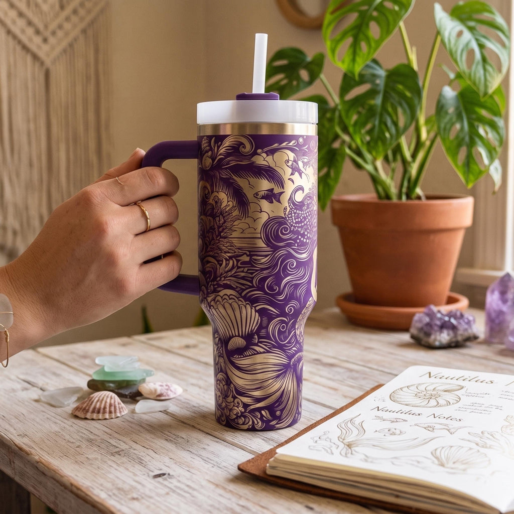 40 Oz Tumbler With Handle Gothic Mermaid Ocean Design Insulated Stainless Steel Double Walled Construction Straw Cup Included Keeps Drinks Cold Hot Perfect Beach Travel Companion Fantasy Art Seashell Pattern Beautiful Nautical Drinkware