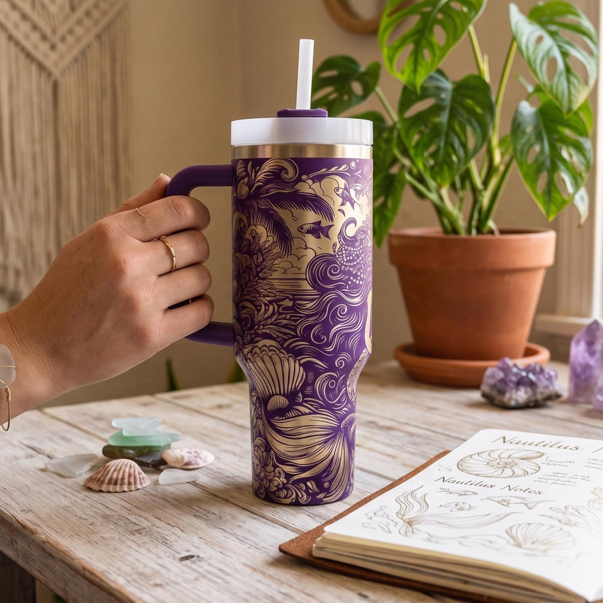 40 Oz Tumbler With Handle Gothic Mermaid Ocean Design Insulated Stainless Steel Double Walled Construction Straw Cup Included Keeps Drinks Cold Hot Perfect Beach Travel Companion Fantasy Art Seashell Pattern Beautiful Nautical Drinkware