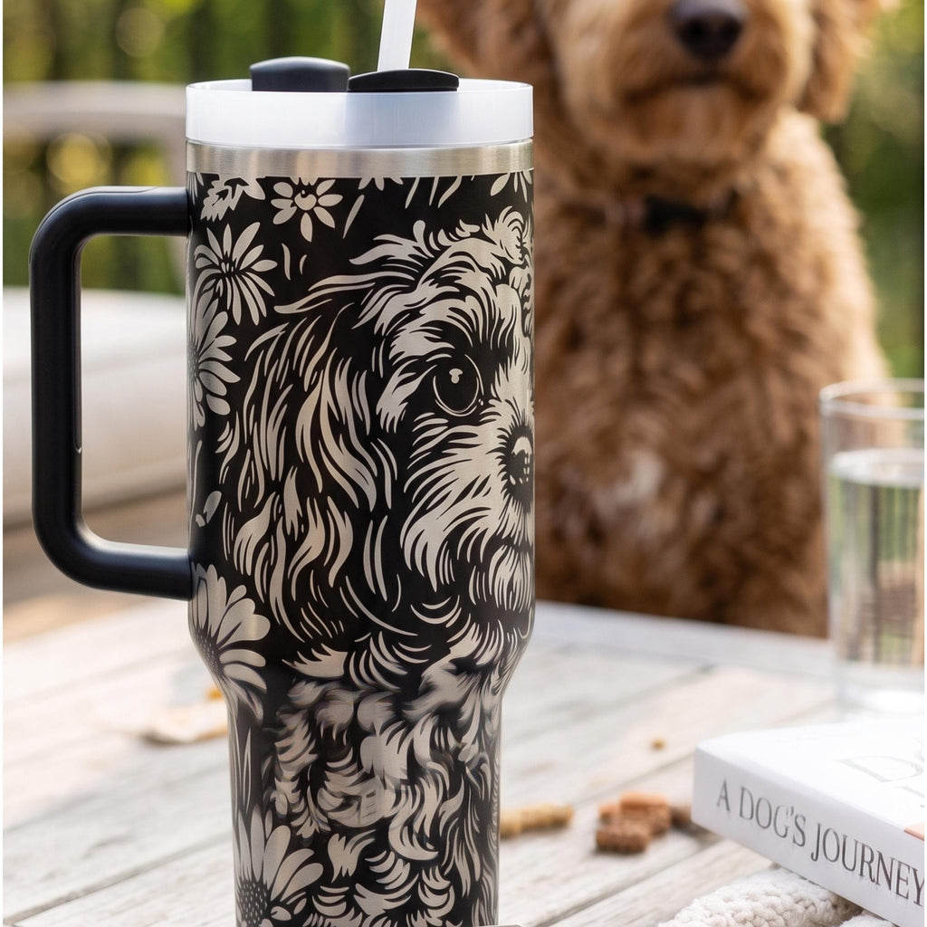 Pet Portrait Tumbler Goldendoodle Daisy Flower Design Insulated Stainless Steel Cup 40oz Travel Mug Double Wall Insulation Perfect Dog Mom Gift Handle Design Daily Hydration Accessory Car Cup Holder Compatible Personalized Drinkware Canine