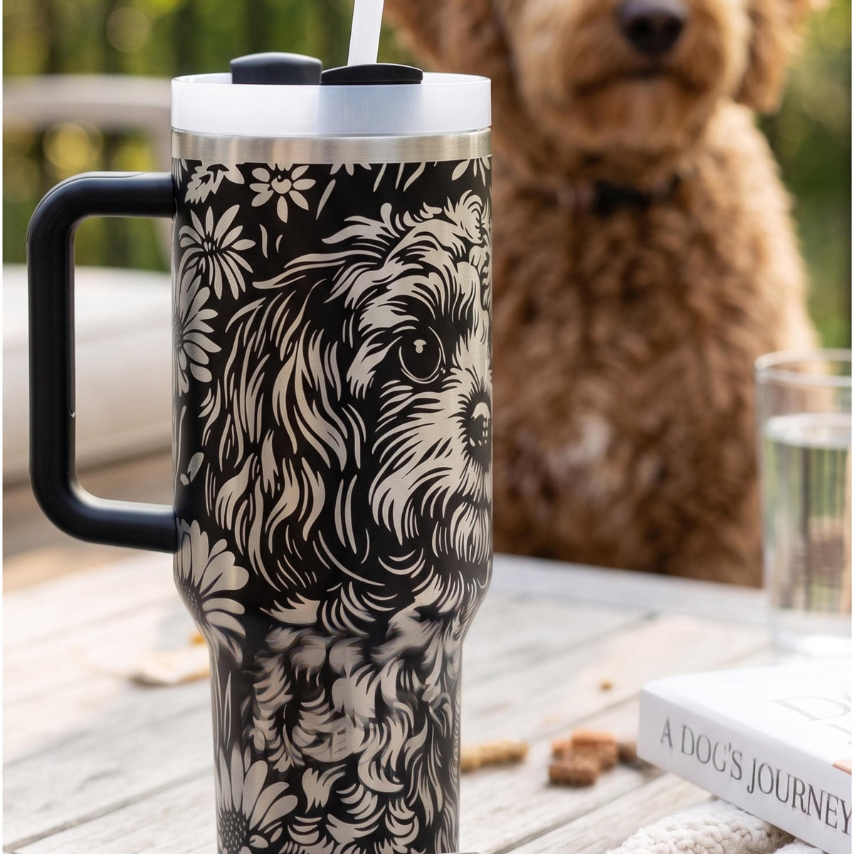 Pet Portrait Tumbler Goldendoodle Daisy Flower Design Insulated Stainless Steel Cup 40oz Travel Mug Double Wall Insulation Perfect Dog Mom Gift Handle Design Daily Hydration Accessory Car Cup Holder Compatible Personalized Drinkware Canine