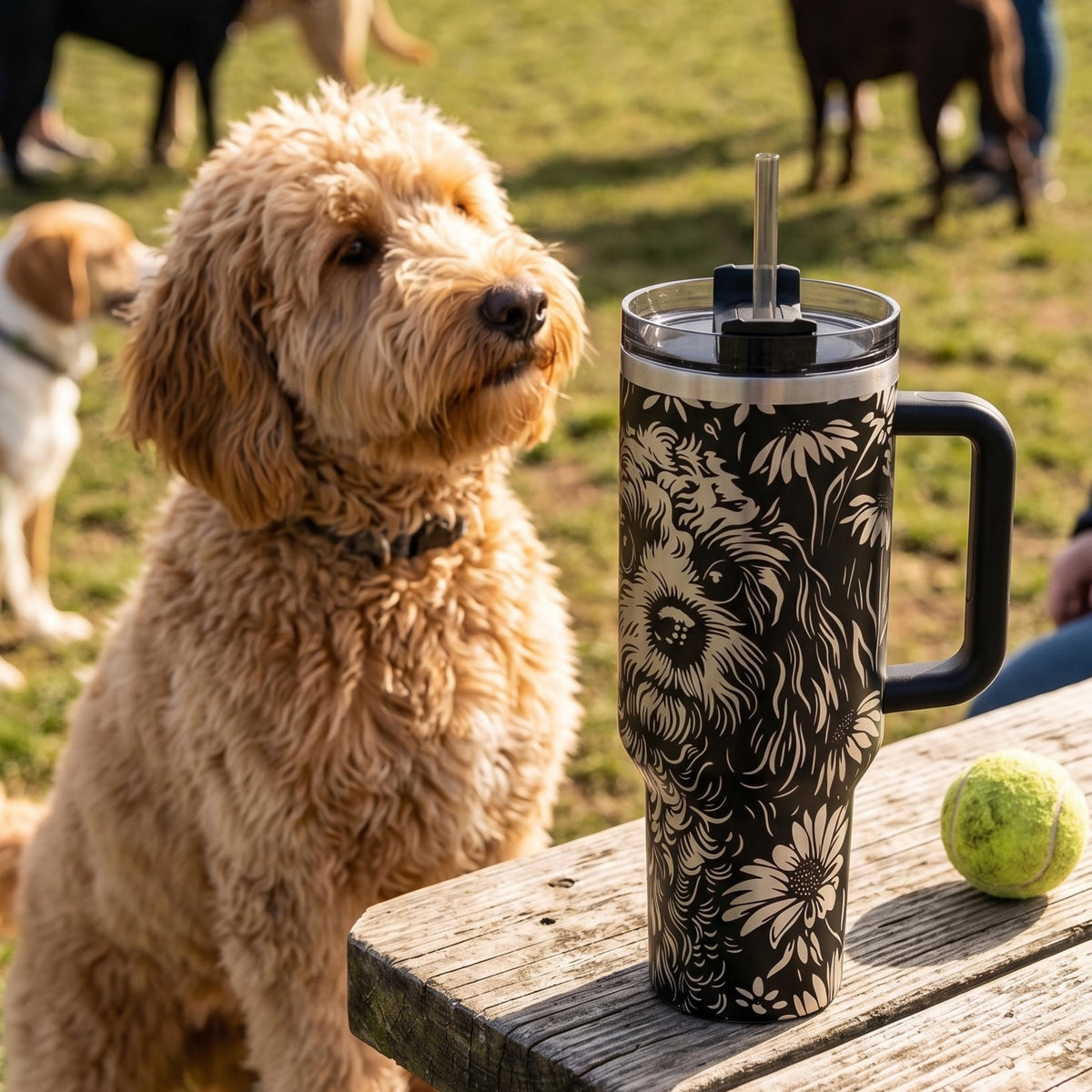 Dog Mom Tumbler Goldendoodle Portrait Design Insulated Travel Cup 40oz Stainless Steel Construction Double Wall Insulation Perfect Gift For Pet Lovers Daily Hydration Accessory Daisy Flower Pattern Handle Travel Mug Car Cup Holder
