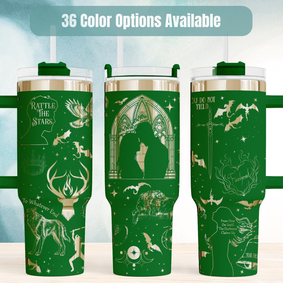 Fantasy Book Tumbler Insulated Reader Cup 40oz Stainless Steel Construction Double Wall Insulation Technology Character Design Artwork Literary Quote Display Perfect Book Lover Gift Reading Session Companion Daily Commute Essential Fandom