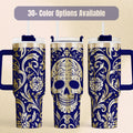 Skull Tumbler Handle Calavera Design Insulated Stainless Steel Travel Mug Sugar Skull Floral Artwork Day Of The Dead Mexican Gothic Vacuum Sealed 40 Oz Drinkware Container Hot Cold Beverage Holder Premium Quality Construction Unique Gift