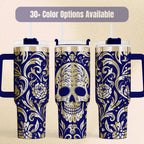 Skull Tumbler Handle Calavera Design Insulated Stainless Steel Travel Mug Sugar Skull Floral Artwork Day Of The Dead Mexican Gothic Vacuum Sealed 40 Oz Drinkware Container Hot Cold Beverage Holder Premium Quality Construction Unique Gift