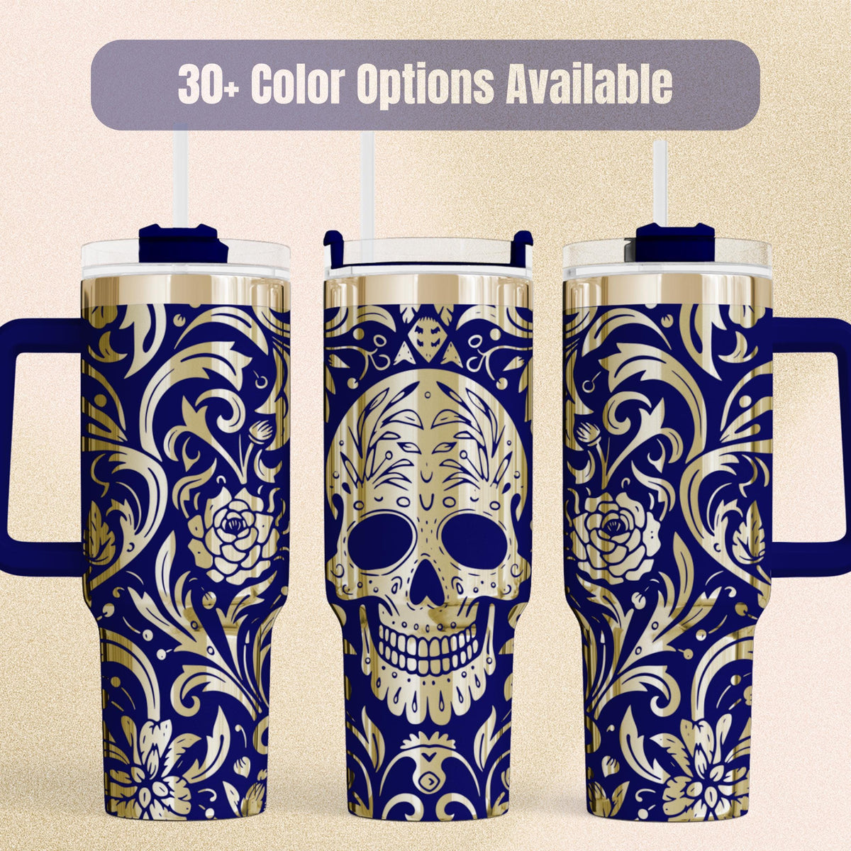 Skull Tumbler Handle Calavera Design Insulated Stainless Steel Travel Mug Sugar Skull Floral Artwork Day Of The Dead Mexican Gothic Vacuum Sealed 40 Oz Drinkware Container Hot Cold Beverage Holder Premium Quality Construction Unique Gift