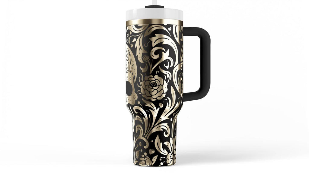 Stainless Steel Travel Mug Skull Tumbler Handle Design Day Of The Dead Calavera Artwork Sugar Skull Floral Pattern Insulated 40 Oz Container Gothic Mexican Style Vacuum Sealed Drinkware Hot Cold Beverage Holder Premium Quality Construction