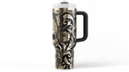 Stainless Steel Travel Mug Skull Tumbler Handle Design Day Of The Dead Calavera Artwork Sugar Skull Floral Pattern Insulated 40 Oz Container Gothic Mexican Style Vacuum Sealed Drinkware Hot Cold Beverage Holder Premium Quality Construction