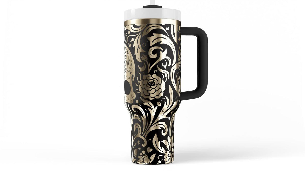 Stainless Steel Travel Mug Skull Tumbler Handle Design Day Of The Dead Calavera Artwork Sugar Skull Floral Pattern Insulated 40 Oz Container Gothic Mexican Style Vacuum Sealed Drinkware Hot Cold Beverage Holder Premium Quality Construction