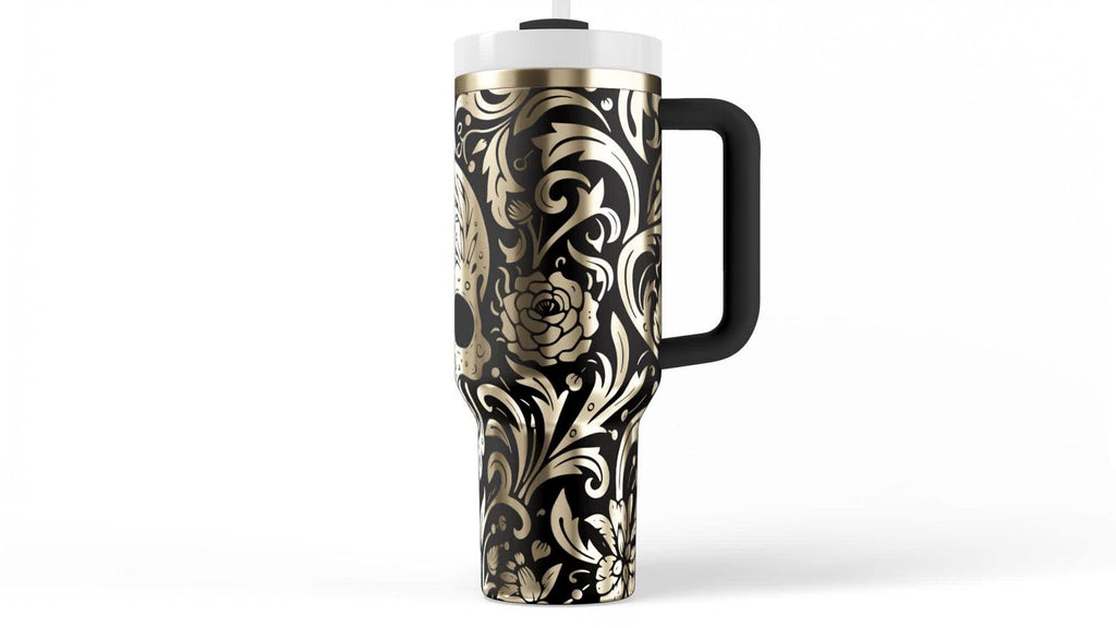 Insulated Tumbler Handle Skull Design Calavera Artwork Gothic Mexican Style Sugar Skull Floral Pattern Day Of The Dead Theme Stainless Steel Construction 40 Oz Capacity Vacuum Sealed Travel Mug Hot Cold Drinkware Container Premium Quality