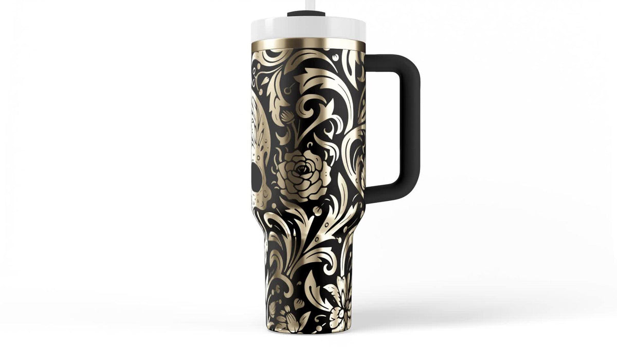Insulated Tumbler Handle Skull Design Calavera Artwork Gothic Mexican Style Sugar Skull Floral Pattern Day Of The Dead Theme Stainless Steel Construction 40 Oz Capacity Vacuum Sealed Travel Mug Hot Cold Drinkware Container Premium Quality