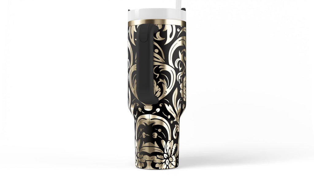 Sugar Skull Tumbler Handle Floral Artwork Calavera Design Mexican Gothic Style Day Of The Dead Theme Insulated Stainless Steel Construction 40 Oz Vacuum Sealed Travel Mug Hot Cold Drinkware Container Premium Quality Beverage Holder Gift