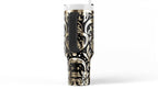 Sugar Skull Tumbler Handle Floral Artwork Calavera Design Mexican Gothic Style Day Of The Dead Theme Insulated Stainless Steel Construction 40 Oz Vacuum Sealed Travel Mug Hot Cold Drinkware Container Premium Quality Beverage Holder Gift