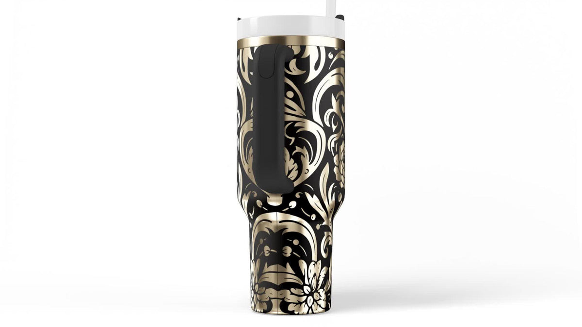 Sugar Skull Tumbler Handle Floral Artwork Calavera Design Mexican Gothic Style Day Of The Dead Theme Insulated Stainless Steel Construction 40 Oz Vacuum Sealed Travel Mug Hot Cold Drinkware Container Premium Quality Beverage Holder Gift