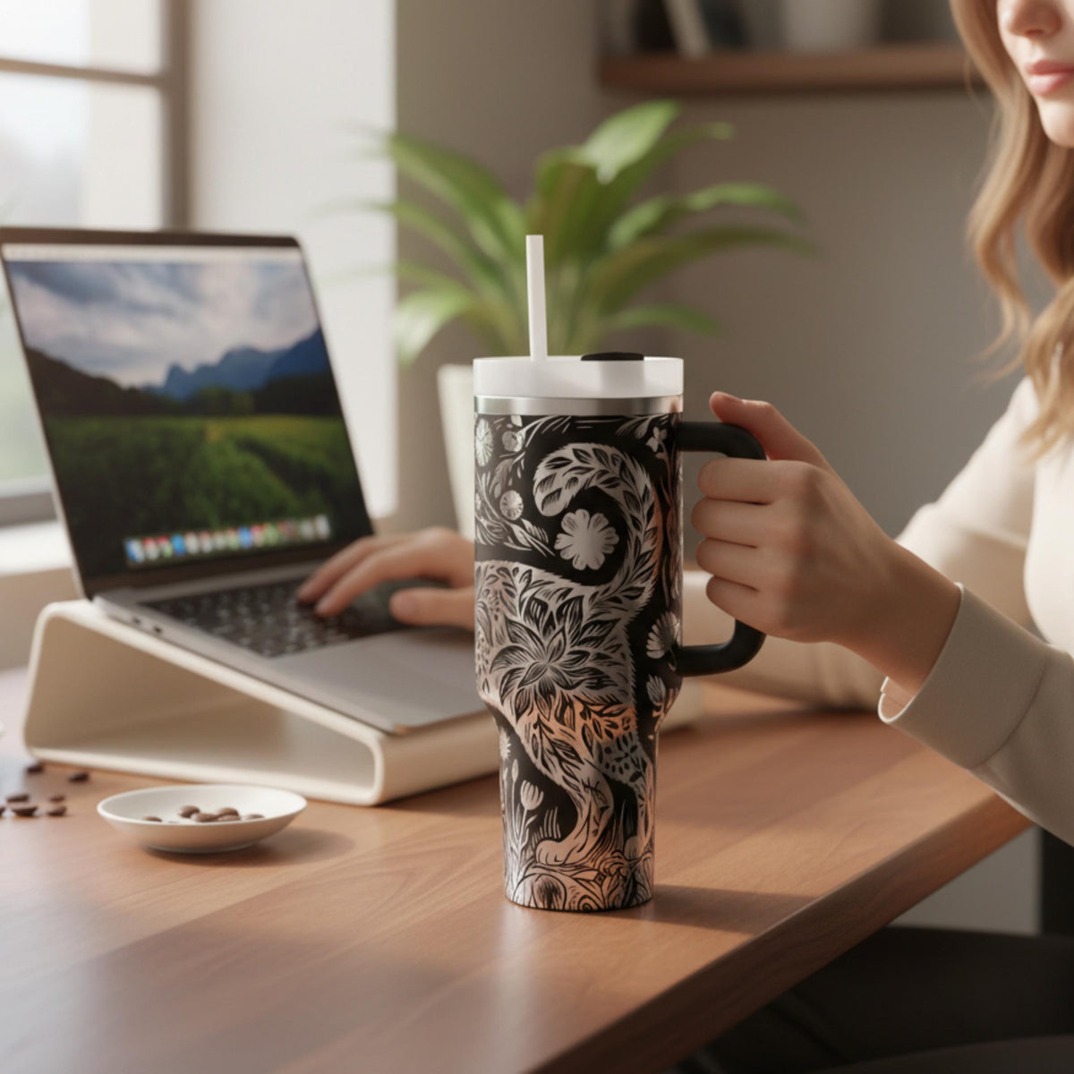 Stainless Steel Insulated Tumbler 40oz With Handle Cat Lover Gift Idea Floral Butterfly Pattern Holographic Design Keeps Beverages Hot Cold Double Wall Temperature Control Travel Coffee Mug Women Daily Commute Hydration Large Capacity Cup