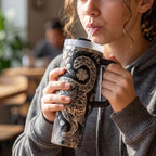 Insulated Stainless Steel Tumbler 40oz Large Capacity With Handle Double Wall Temperature Control Keeps Beverages Hot Cold All Day Floral Butterfly Cat Design Holographic Iridescent Finish Perfect Travel Coffee Mug Gift For Cat Enthusiasts