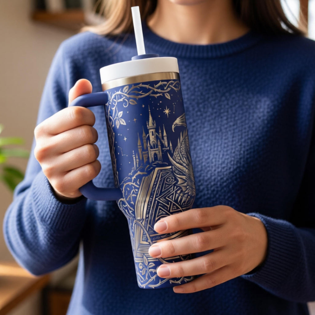 Castle Design Medieval Fantasy Tumbler Black Dragon Artwork Starry Night Background 40oz Stainless Steel Insulated Travel Mug Gothic Drinkware Perfect Gift Reading Enthusiast Book Lover Present Premium Quality Construction Secure Lid Handle