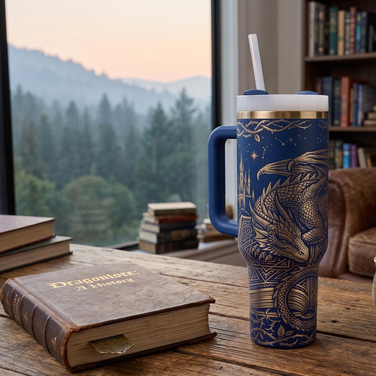 Stainless Steel Insulated Tumbler 40oz Premium Quality Construction Black Dragon Castle Design Medieval Fantasy Artwork Secure Lid Handle Temperature Control Hot Cold Beverages Perfect Travel Mug Daily Commute Reading Sessions Gothic