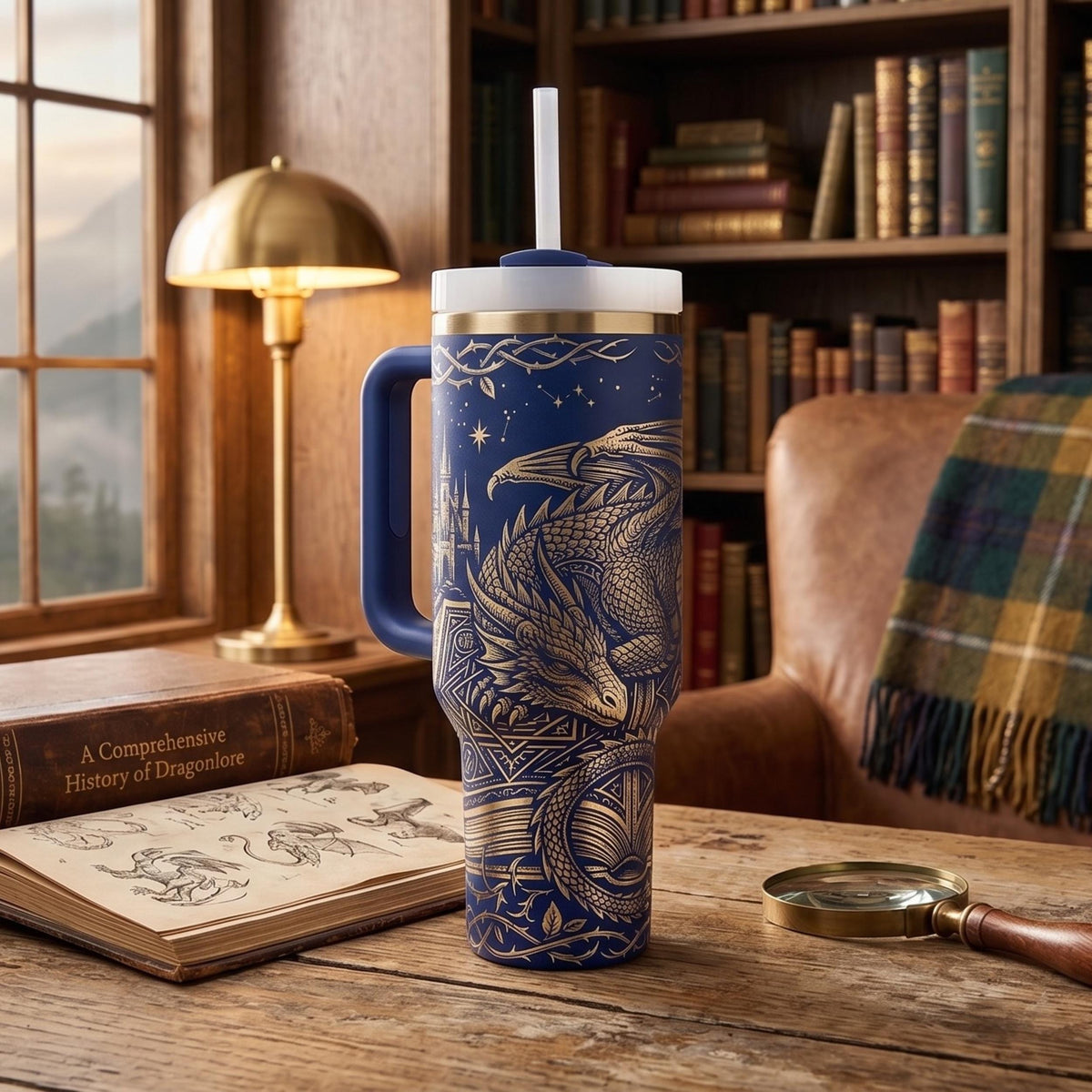 Book Lover Gift Reading Enthusiast Present Black Dragon Tumbler Castle Design Medieval Fantasy Artwork 40oz Stainless Steel Insulated Travel Mug Gothic Drinkware Perfect Men Gift Premium Quality Construction Secure Lid Handle Hot Cold