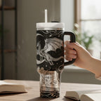 Insulated Stainless Steel Tumbler Fantasy Castle Artwork Dragon Design Travel Mug 40oz Capacity Handle Straw Perfect Book Reader Gift Idea Double Wall Construction Temperature Retention Hot Cold Drinks Burgundy Red Gold Details Gothic Style