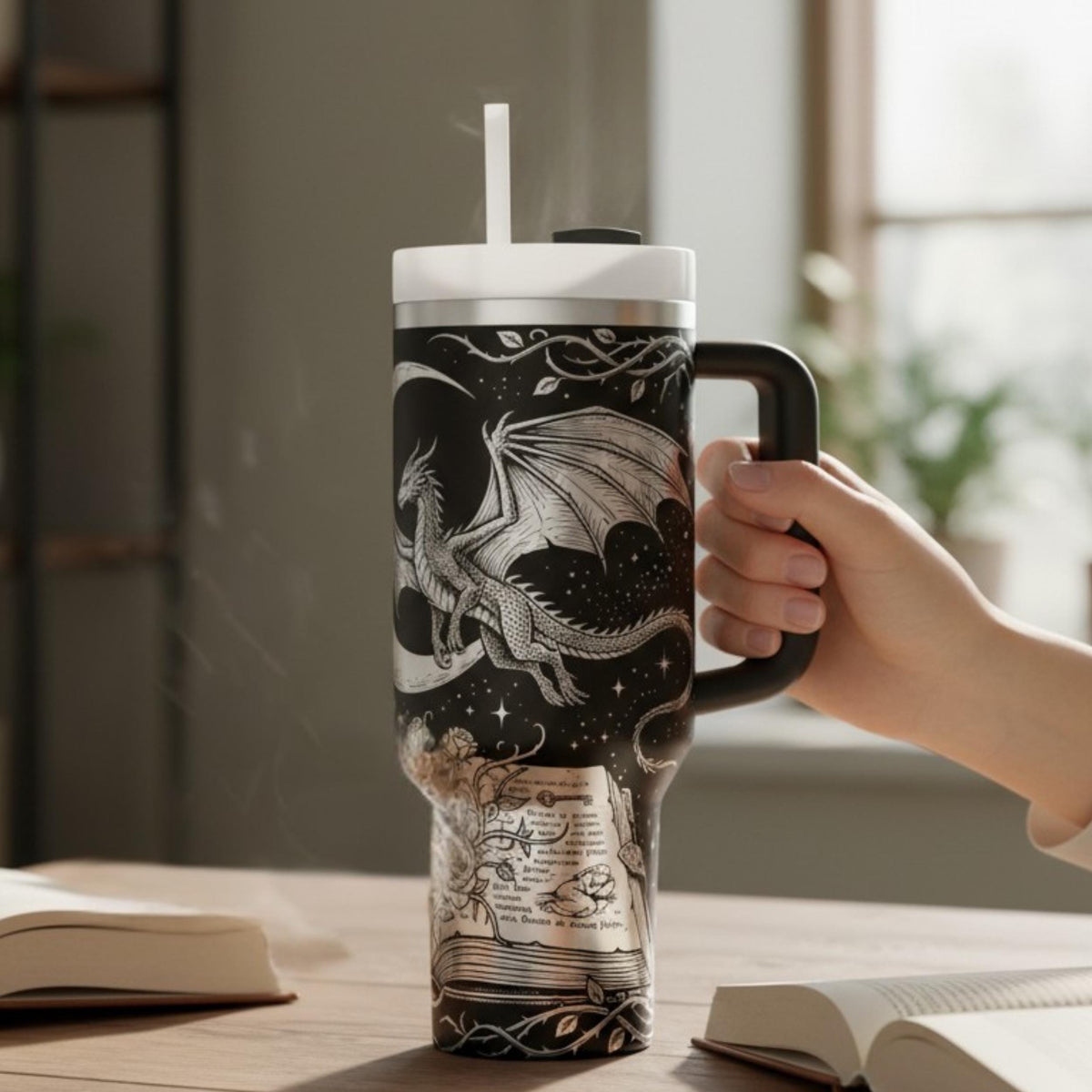 Insulated Stainless Steel Tumbler Fantasy Castle Artwork Dragon Design Travel Mug 40oz Capacity Handle Straw Perfect Book Reader Gift Idea Double Wall Construction Temperature Retention Hot Cold Drinks Burgundy Red Gold Details Gothic Style