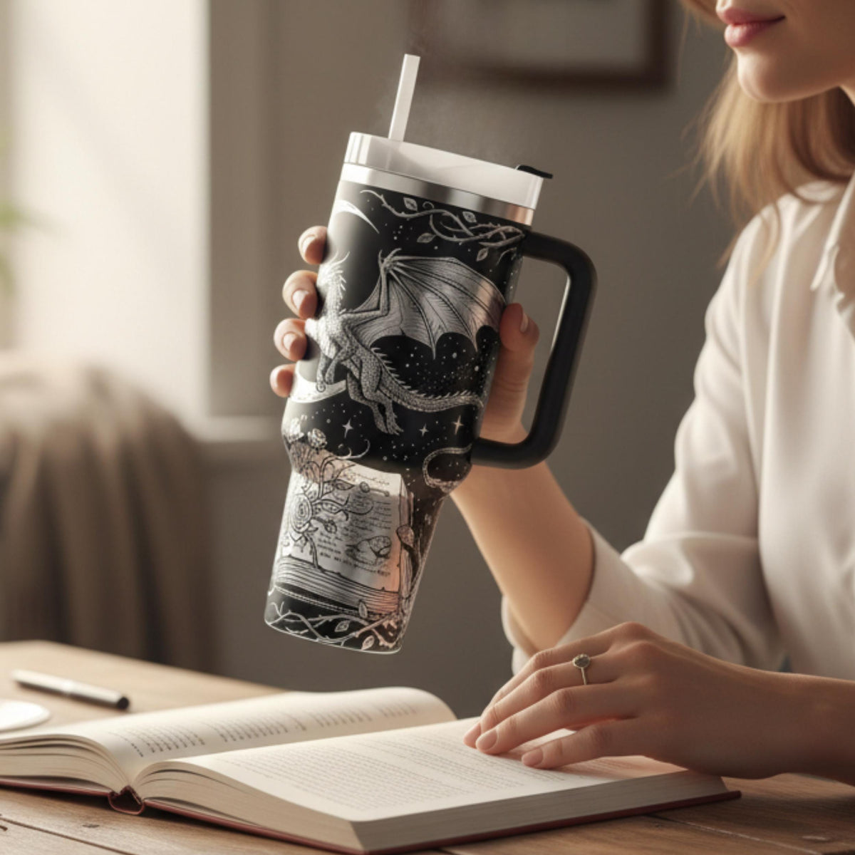 Book Lover Gift Dragon Tumbler Fantasy Literature Themed Travel Mug Insulated Stainless Steel Castle Design 40oz Large Capacity Gothic Aesthetic Drinkware Burgundy Red Gold Artwork Handle Straw Included Double Wall Construction Perfect