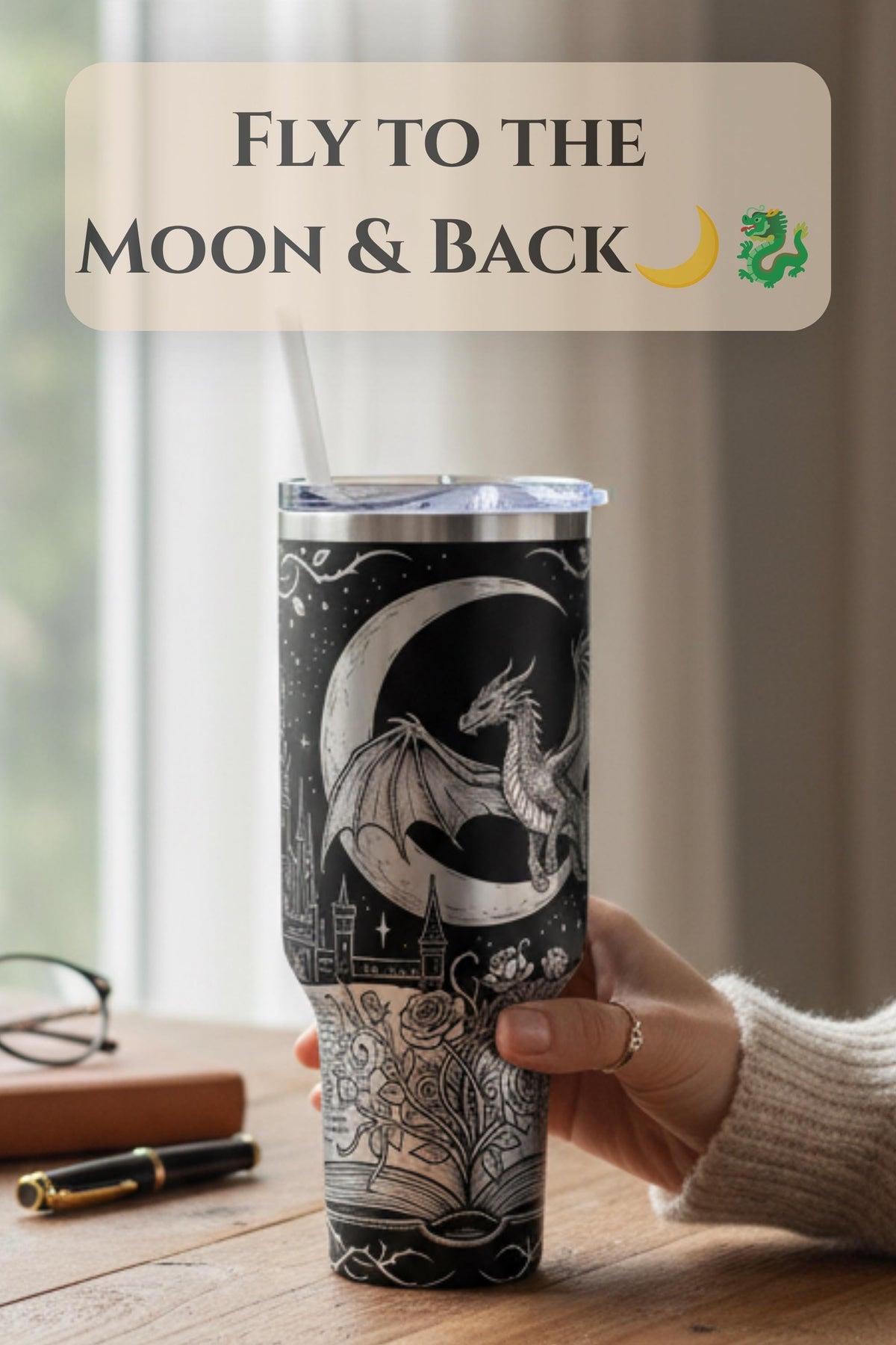 Dragon Tumbler – 40oz Insulated with Handle Fantasy Castle Design