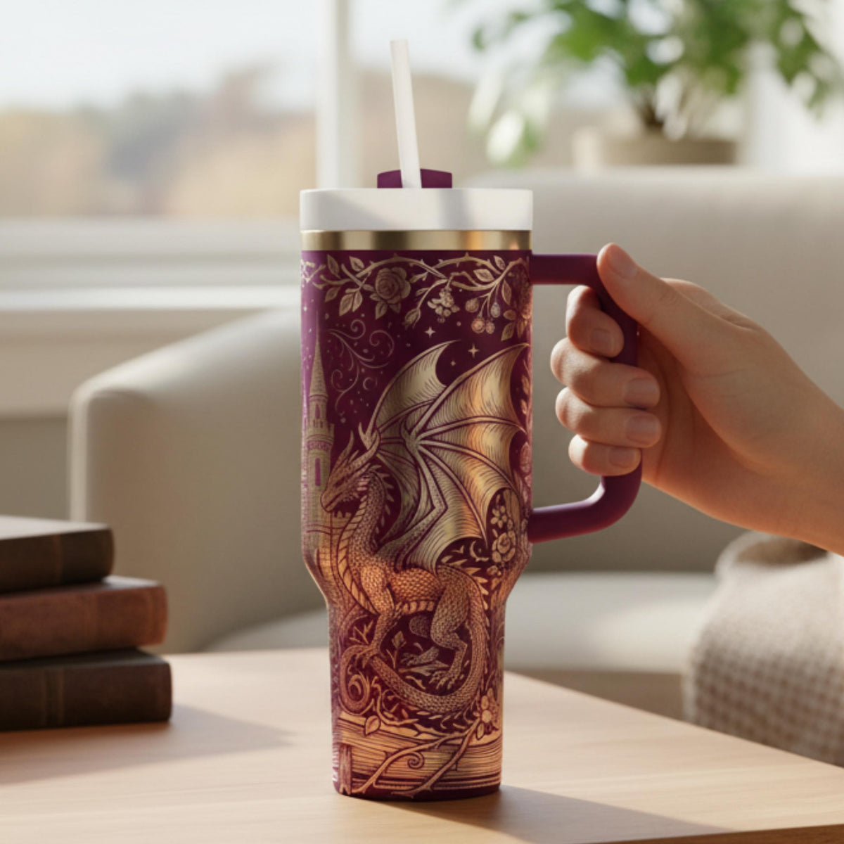 Gothic Dragon Gift For Men Castle Design Tumbler Stainless Steel Travel Mug Fantasy Artwork Medieval Theme Large Capacity Insulated Drinkware Birthday Present Book Lover Essential Hot Cold Beverage Container Daily Adventure Companion Unique