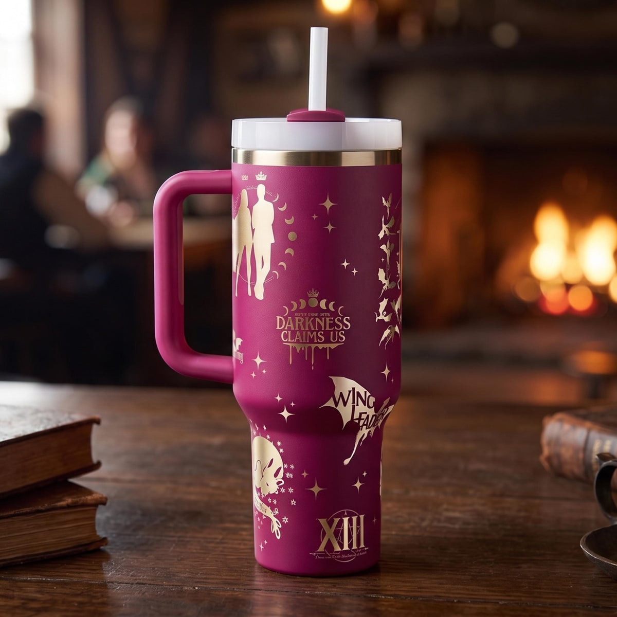 Large Capacity Insulated Drinkware Tumbler Cup With Lid And Straw Fantasy Book Character Design Laser Engraved Literary Fandom Merchandise Premium Stainless Steel Construction Perfect Gift For Series Reader Bookish Lifestyle Accessory