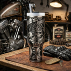 Road Trip Travel Mug Motorcycle Rider Essential Insulated Steel Tumbler 40oz Capacity Double Wall Temperature Control Legend Motors Design Skull Graphics Vintage Aesthetic Perfect Biker Gift Custom Motorcycle Enthusiast Drinkware Cup Holder