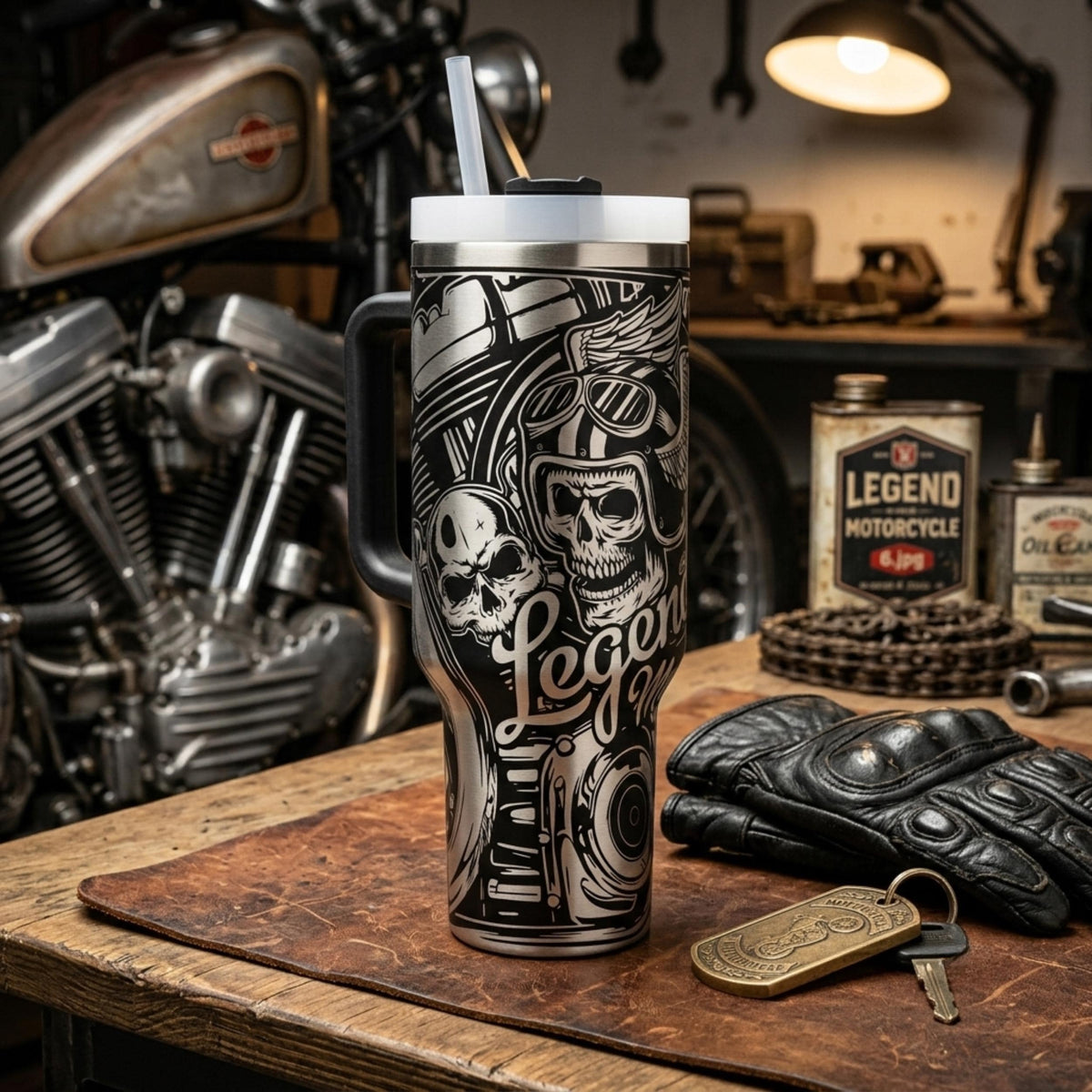 Road Trip Travel Mug Motorcycle Rider Essential Insulated Steel Tumbler 40oz Capacity Double Wall Temperature Control Legend Motors Design Skull Graphics Vintage Aesthetic Perfect Biker Gift Custom Motorcycle Enthusiast Drinkware Cup Holder